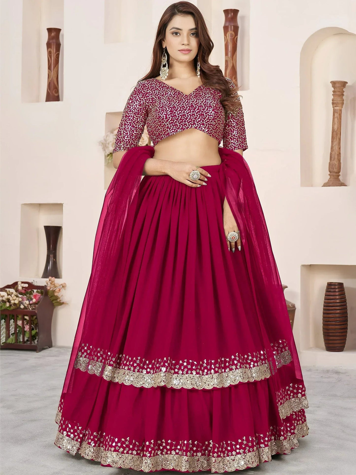 Tulsi Art Beautiful Pink Sequins Georgette Wedding Wear Lehenga Choli