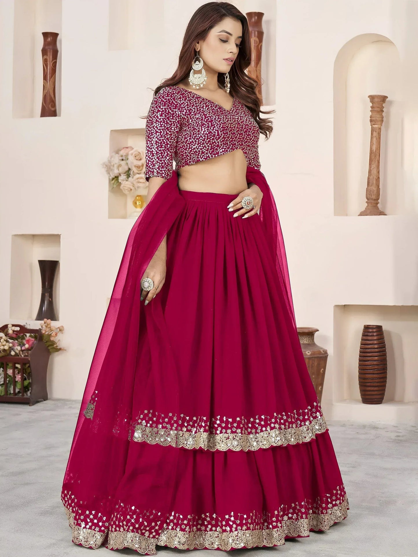 Tulsi Art Beautiful Pink Sequins Georgette Wedding Wear Lehenga Choli