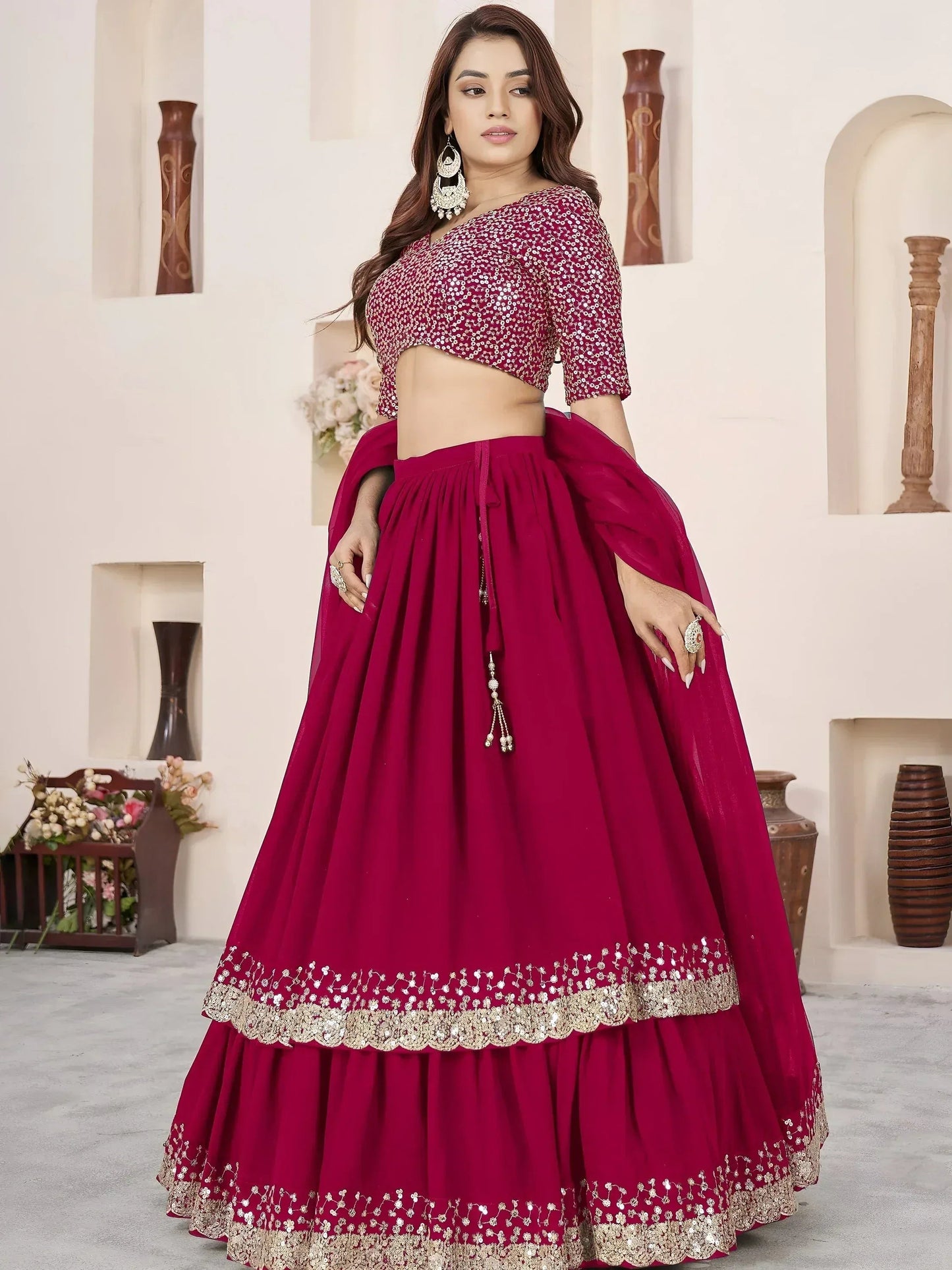 Tulsi Art Beautiful Pink Sequins Georgette Wedding Wear Lehenga Choli
