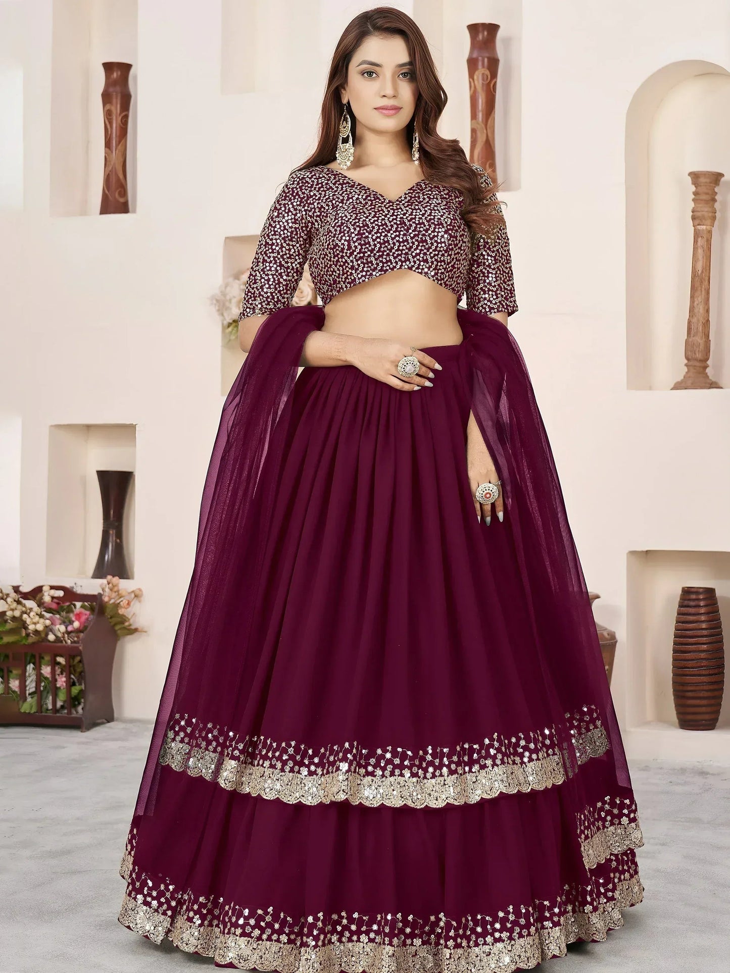 Tulsi Art Charming Purple Sequins Georgette Engagement Wear Lehenga Choli