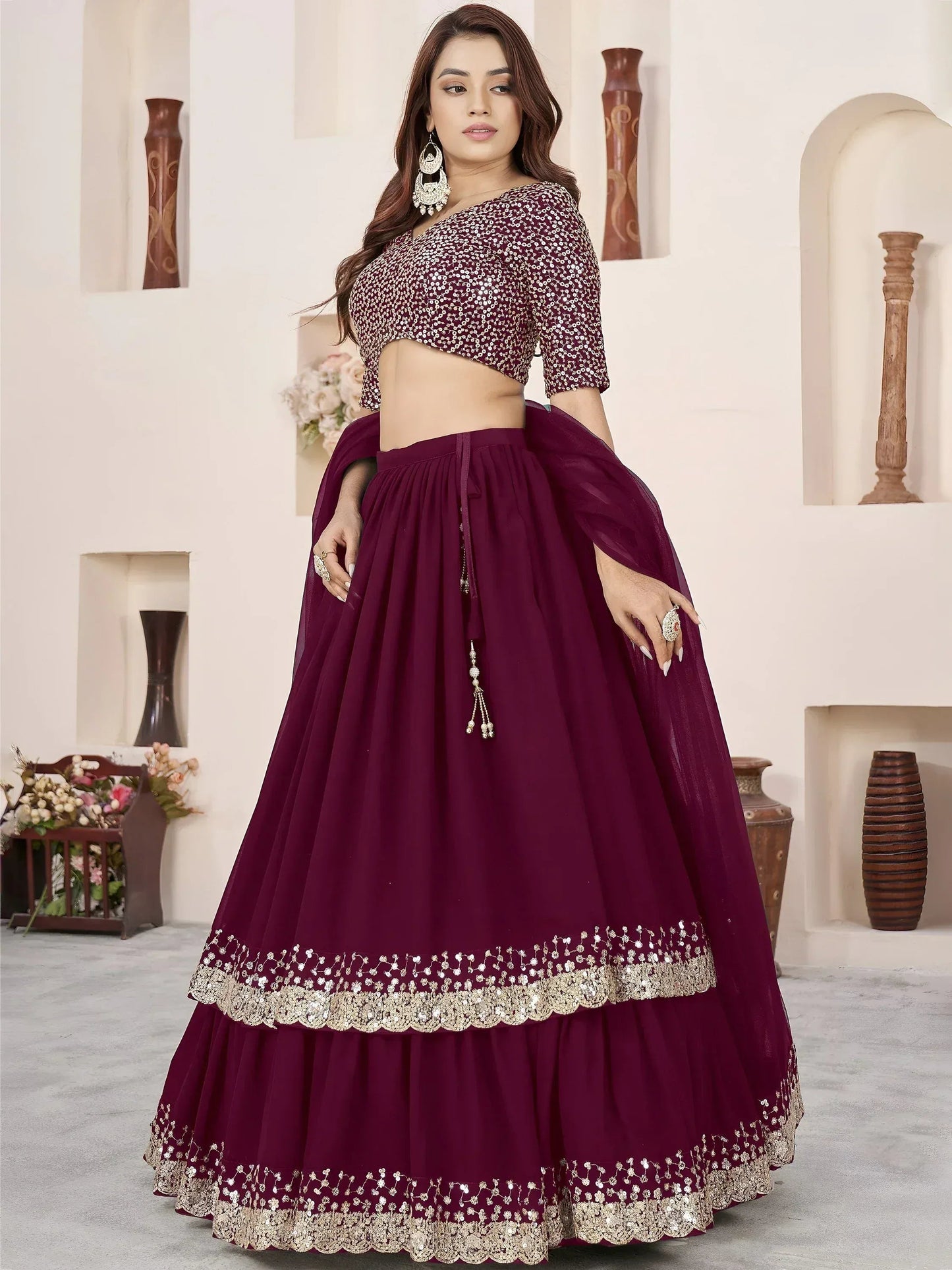 Tulsi Art Charming Purple Sequins Georgette Engagement Wear Lehenga Choli