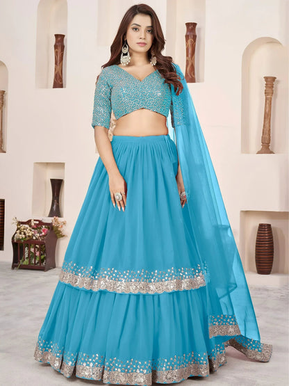 Tulsi Art Dazzling Sky Blue Sequins Georgette Sangeet Wear Lehenga Choli