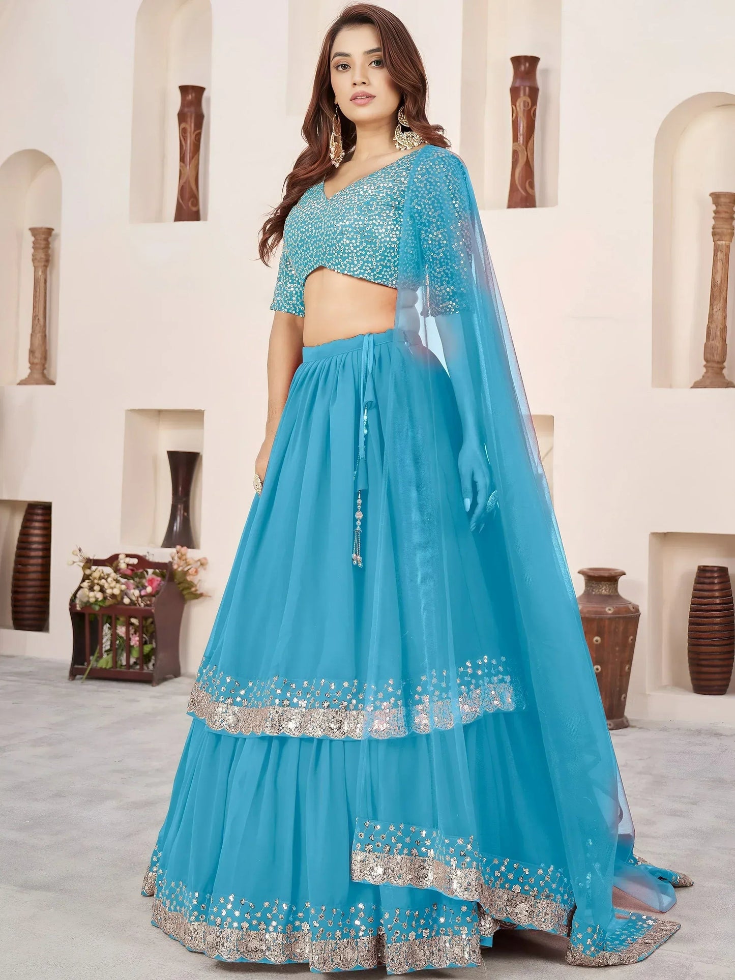 Tulsi Art Dazzling Sky Blue Sequins Georgette Sangeet Wear Lehenga Choli