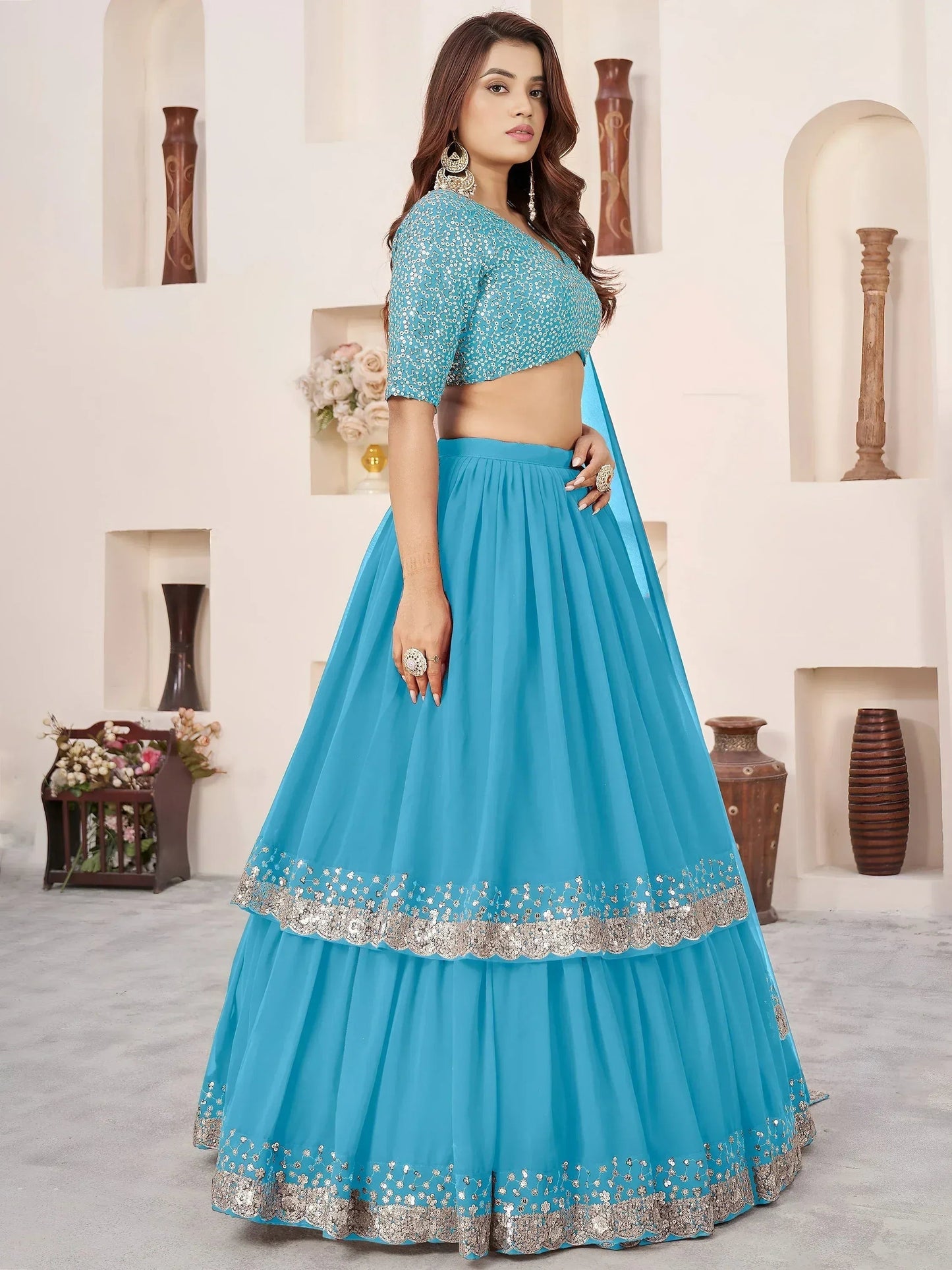 Tulsi Art Dazzling Sky Blue Sequins Georgette Sangeet Wear Lehenga Choli