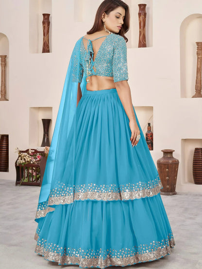 Tulsi Art Dazzling Sky Blue Sequins Georgette Sangeet Wear Lehenga Choli