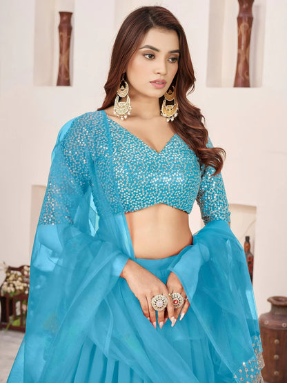 Tulsi Art Dazzling Sky Blue Sequins Georgette Sangeet Wear Lehenga Choli