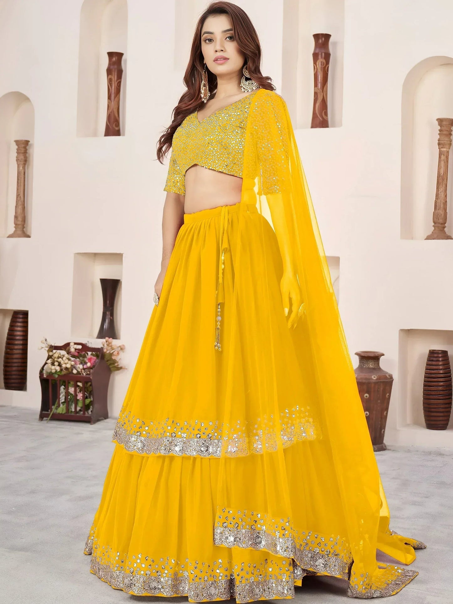 Tulsi Art Stunning Yellow Sequins Georgette Haldi Wear Lehenga Choli