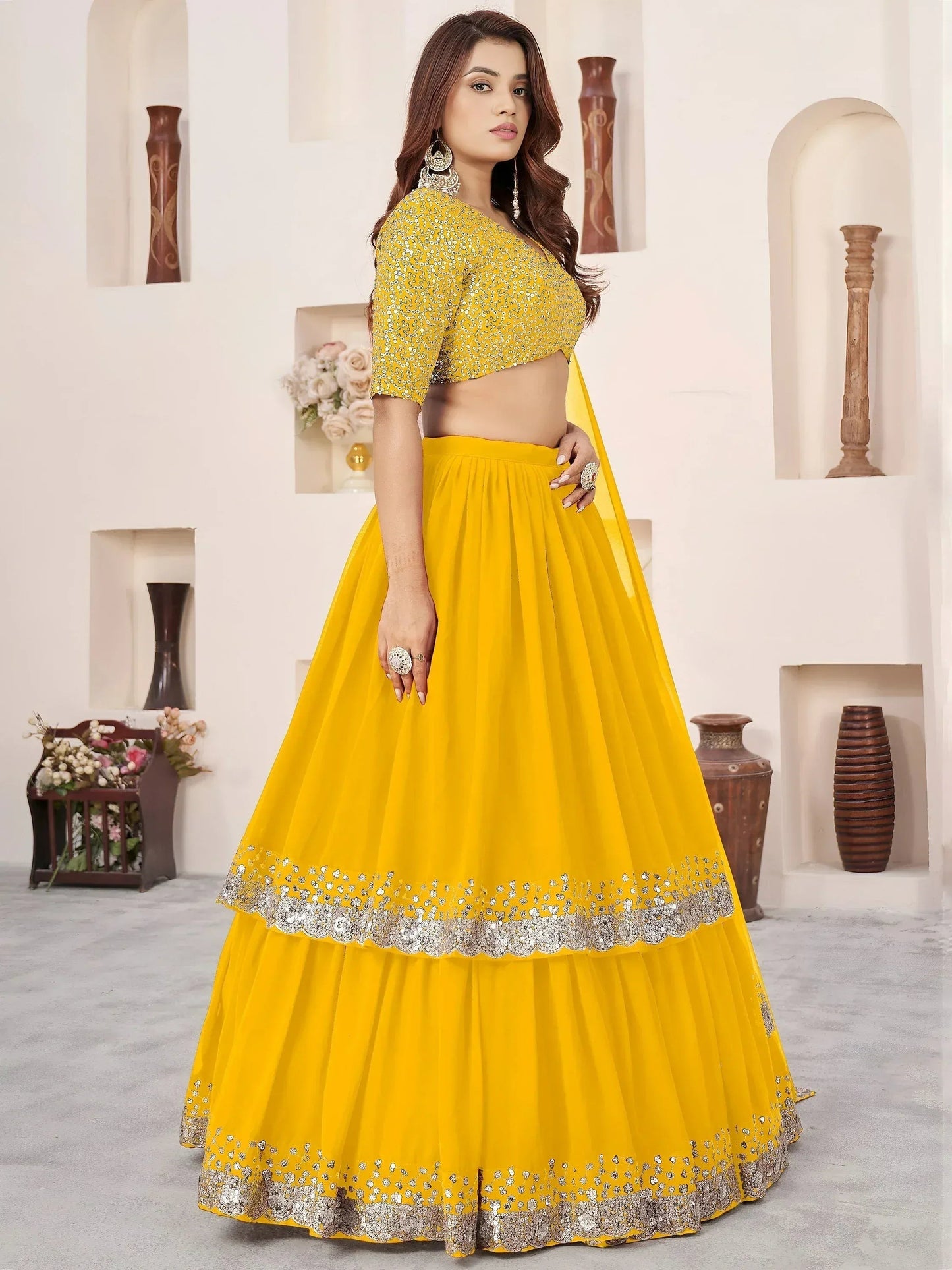 Tulsi Art Stunning Yellow Sequins Georgette Haldi Wear Lehenga Choli