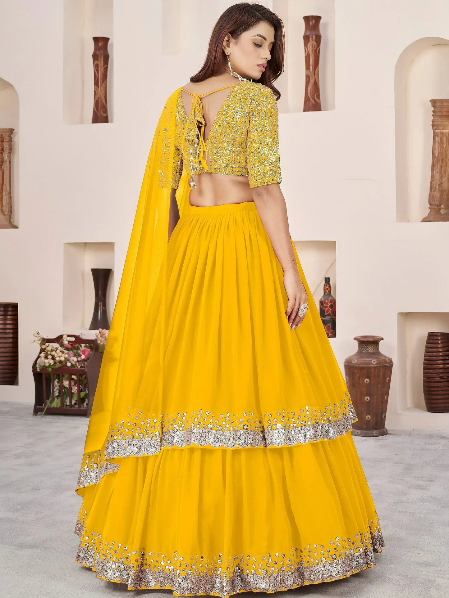 Tulsi Art Stunning Yellow Sequins Georgette Haldi Wear Lehenga Choli