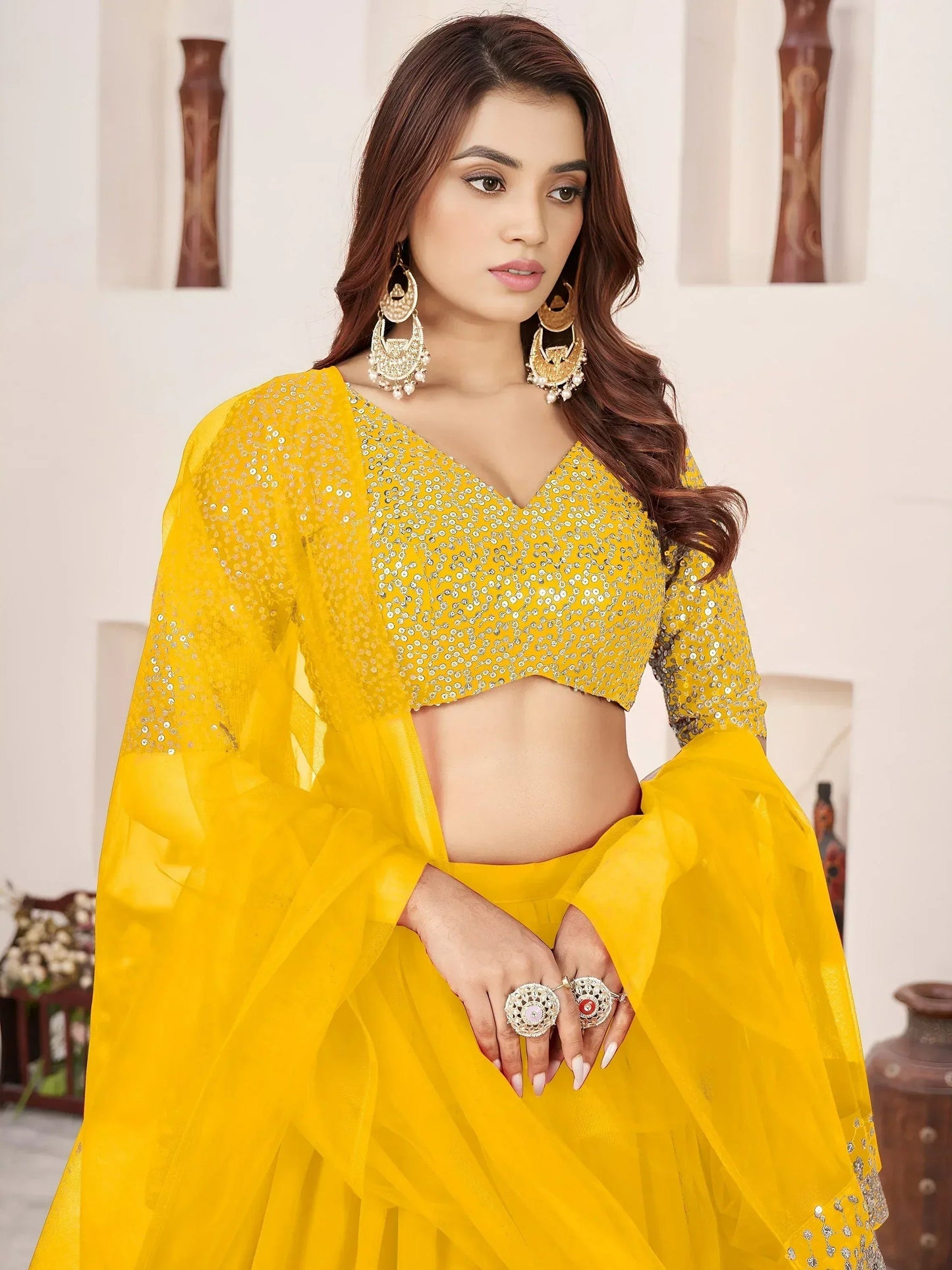 Tulsi Art Stunning Yellow Sequins Georgette Haldi Wear Lehenga Choli