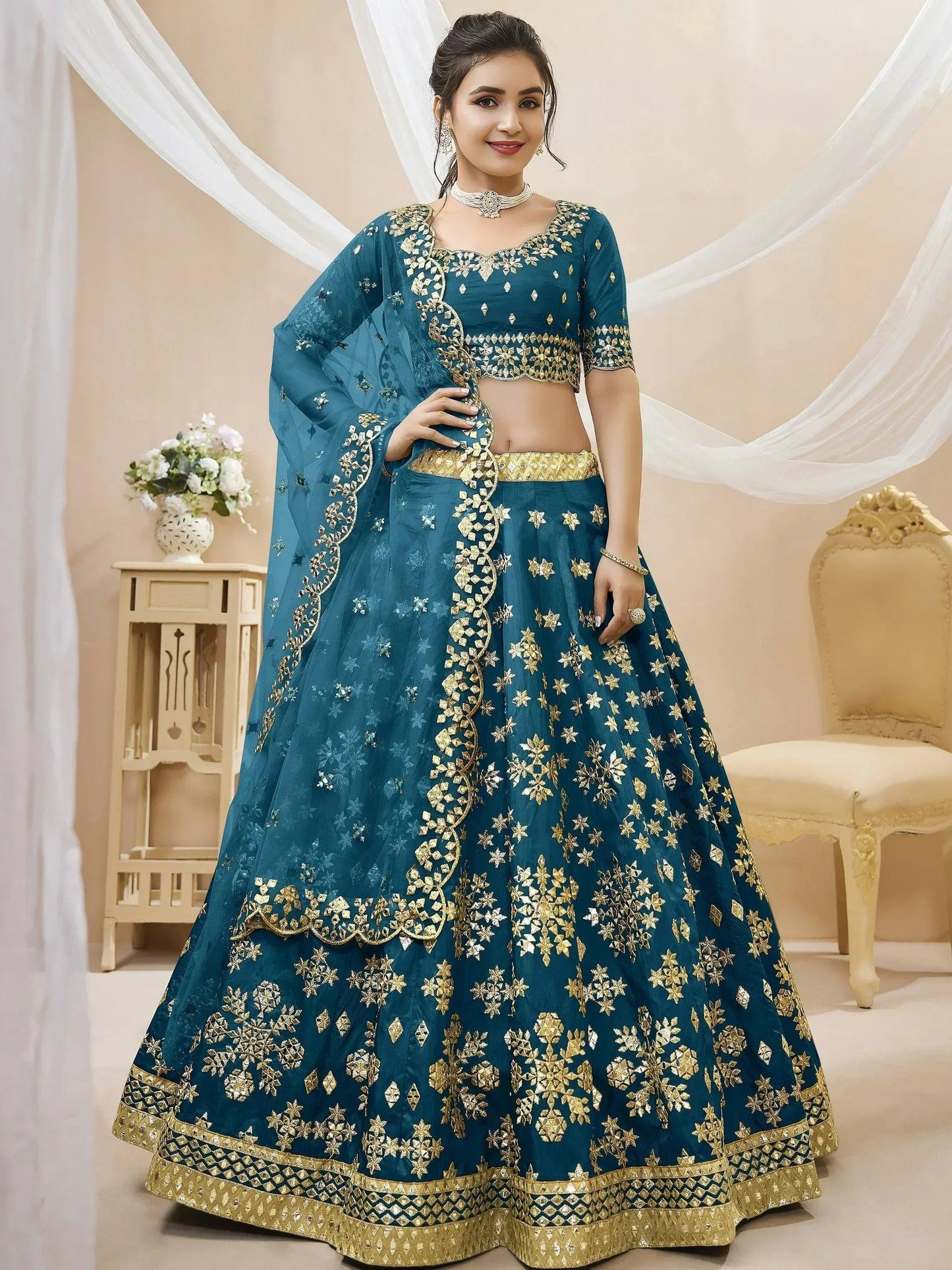 Tulsi Art Irresistible Blue Zari Work Art Silk Wedding Wear Lehenga Choli
