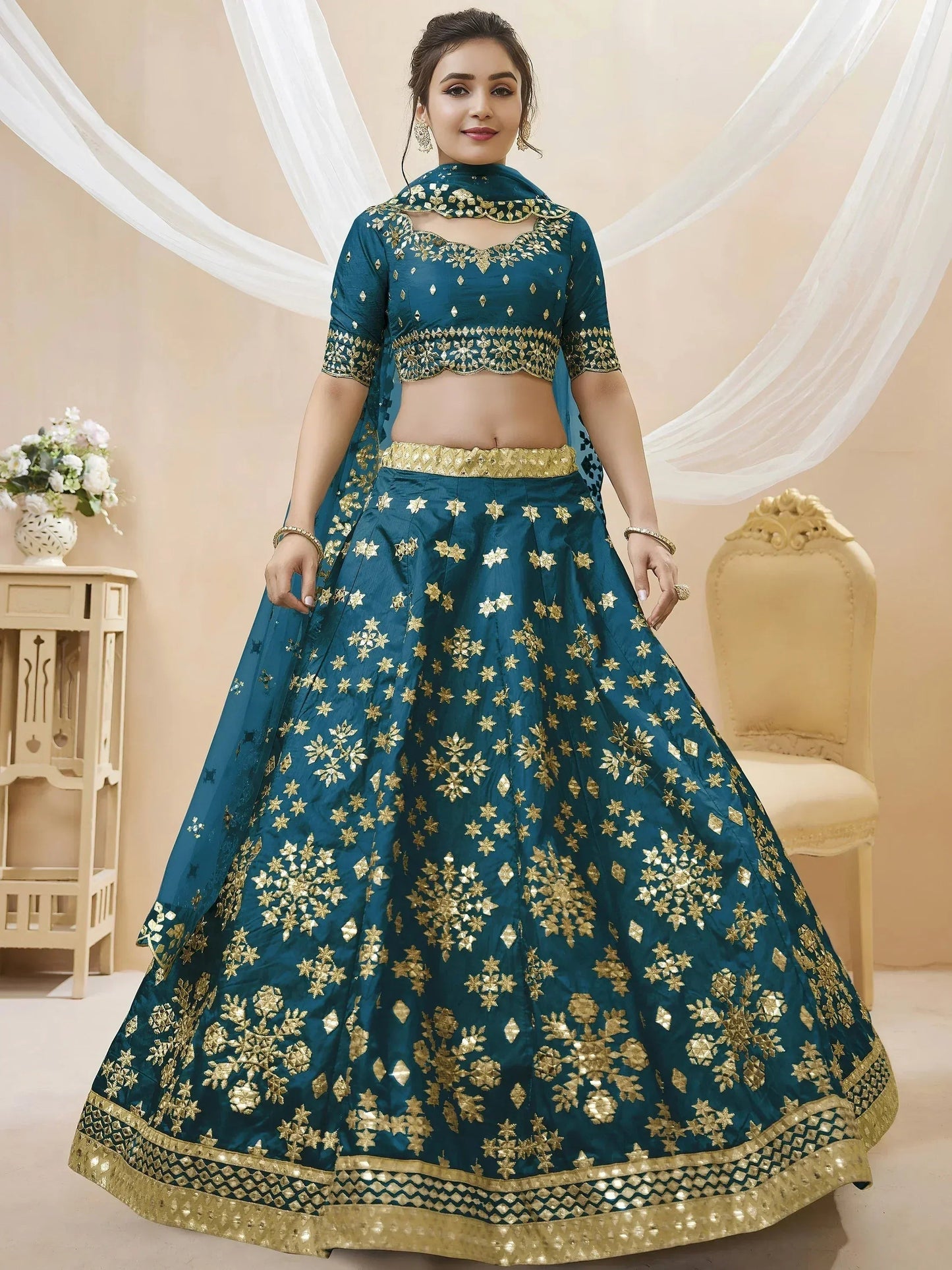 Tulsi Art Irresistible Blue Zari Work Art Silk Wedding Wear Lehenga Choli