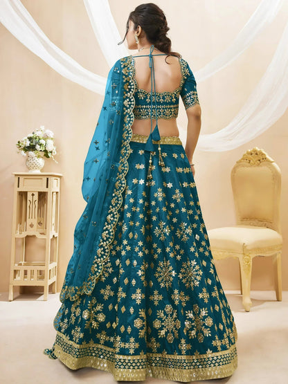 Tulsi Art Irresistible Blue Zari Work Art Silk Wedding Wear Lehenga Choli