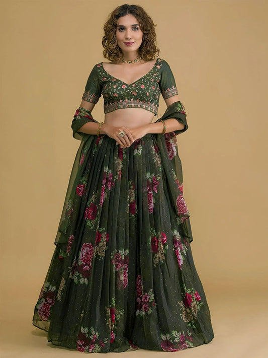 Tulsi Art Beautiful Green Floral Printed Organza Lehenga Choli With Dupatta