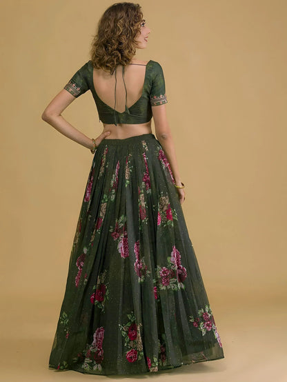 Tulsi Art Beautiful Green Floral Printed Organza Lehenga Choli With Dupatta