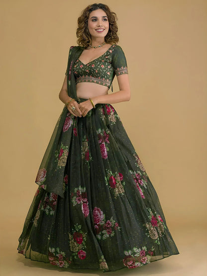 Tulsi Art Beautiful Green Floral Printed Organza Lehenga Choli With Dupatta