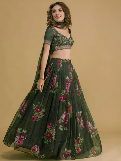 Tulsi Art Beautiful Green Floral Printed Organza Lehenga Choli With Dupatta