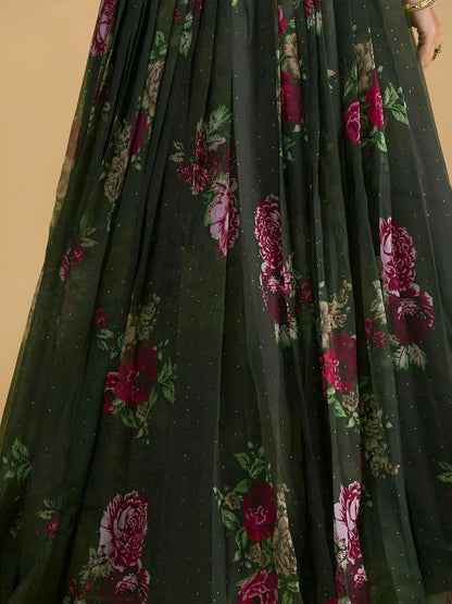 Tulsi Art Beautiful Green Floral Printed Organza Lehenga Choli With Dupatta