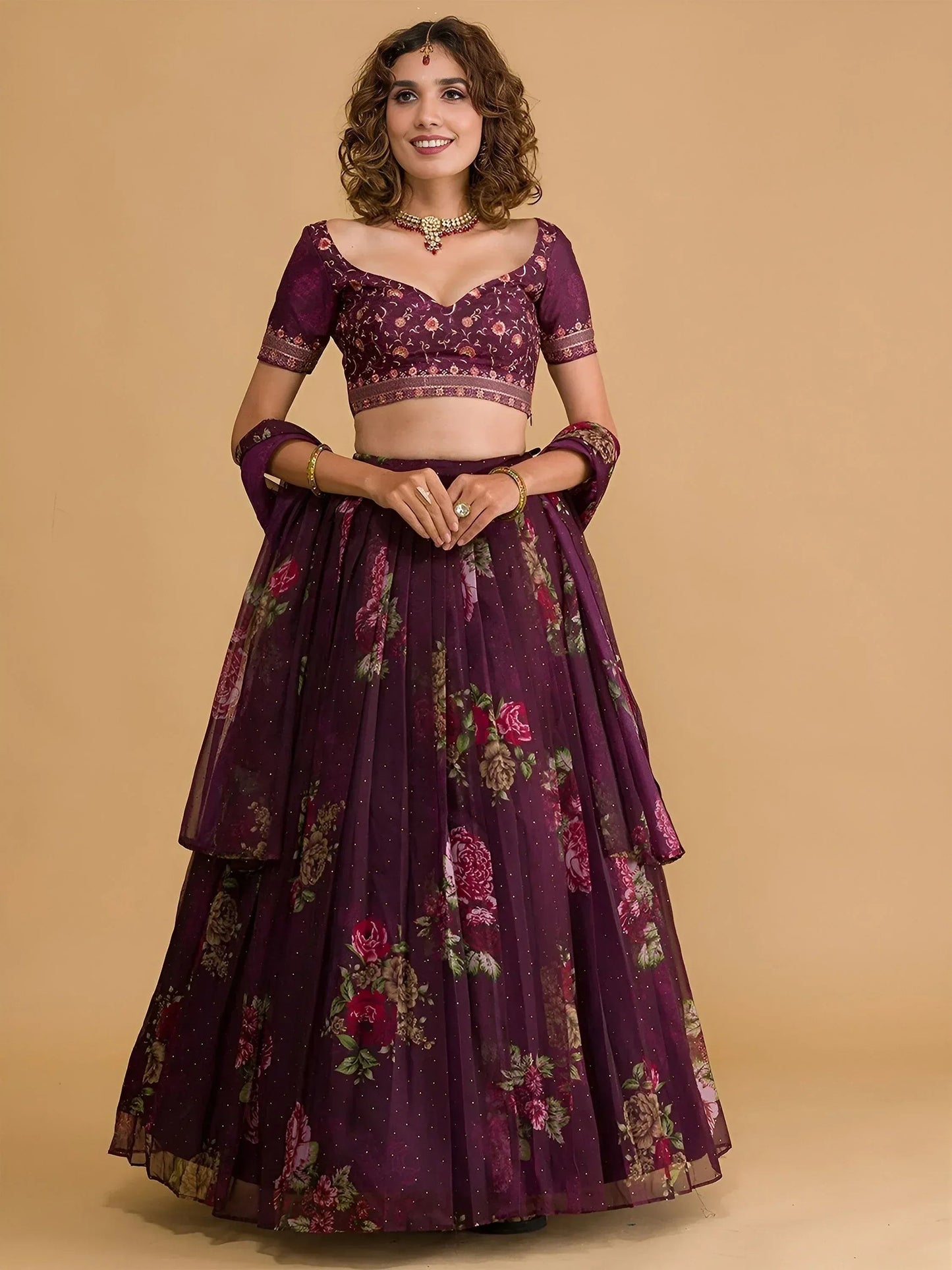 Tulsi Art Stunning Wine Floral Digital Organza Festival Wear Lehenga Choli
