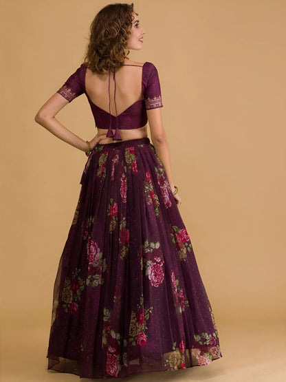 Tulsi Art Stunning Wine Floral Digital Organza Festival Wear Lehenga Choli
