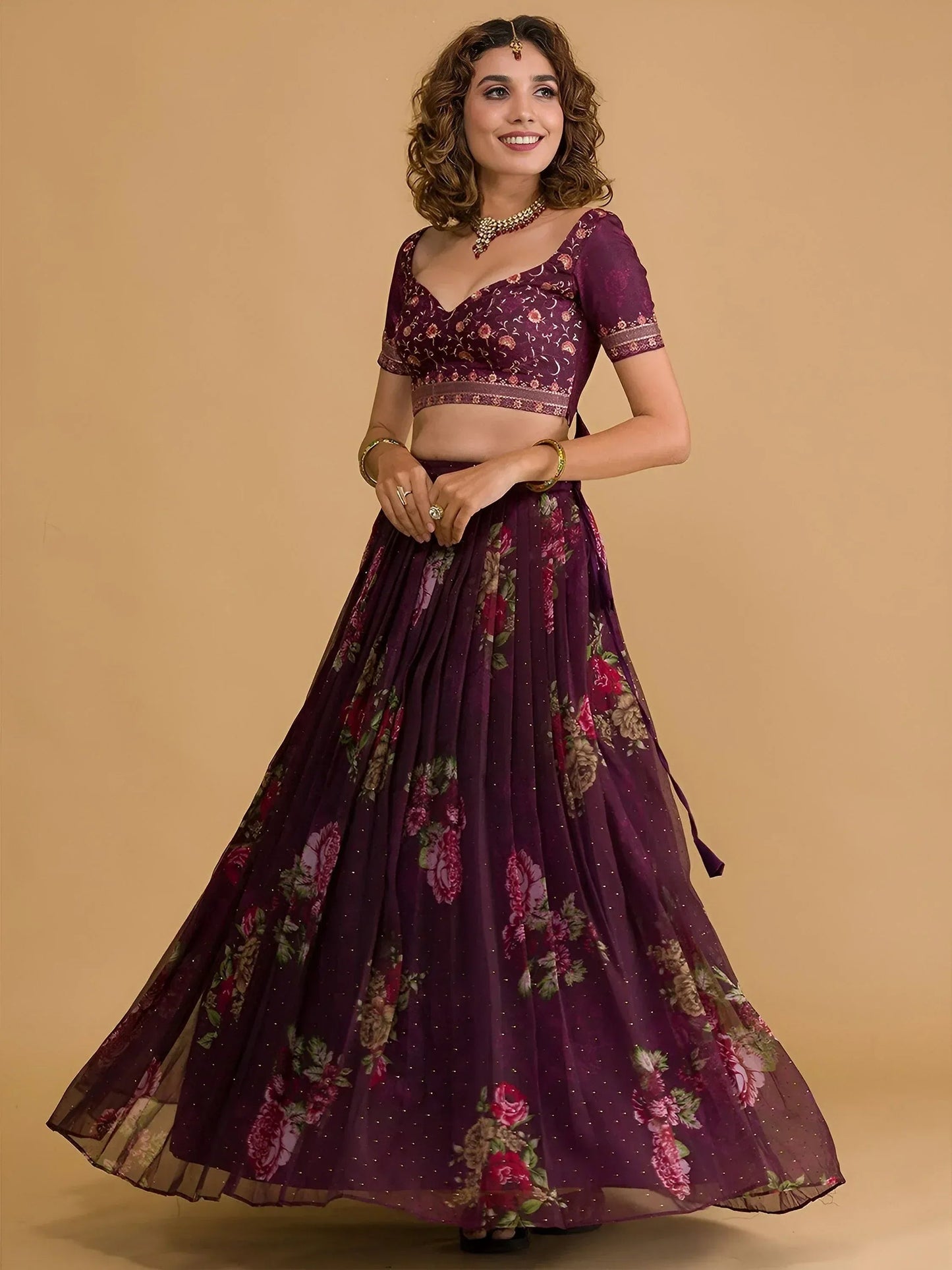 Tulsi Art Stunning Wine Floral Digital Organza Festival Wear Lehenga Choli