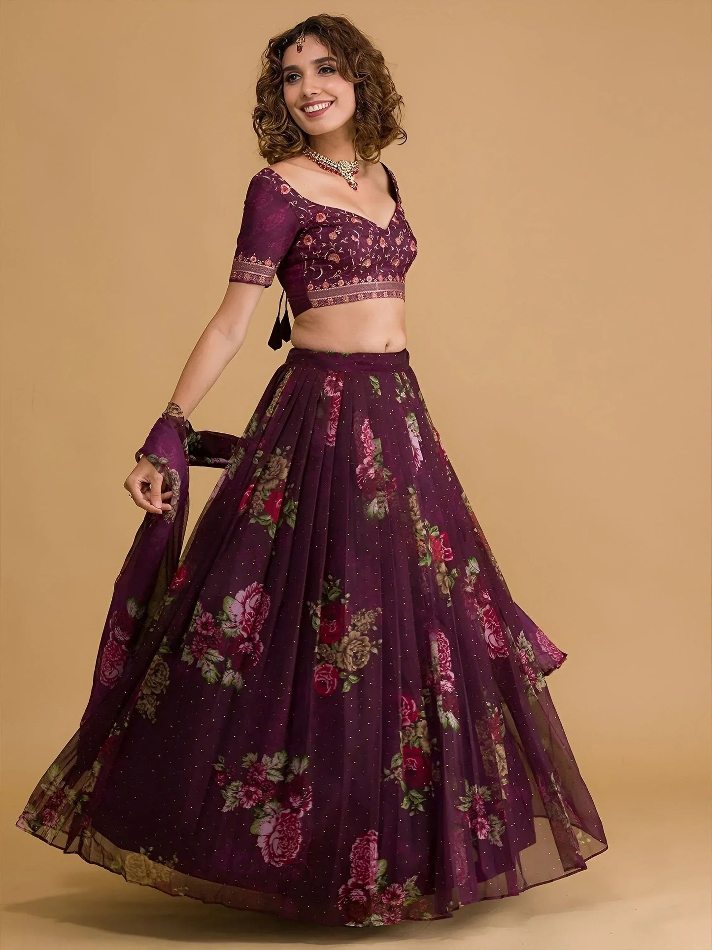 Tulsi Art Stunning Wine Floral Digital Organza Festival Wear Lehenga Choli