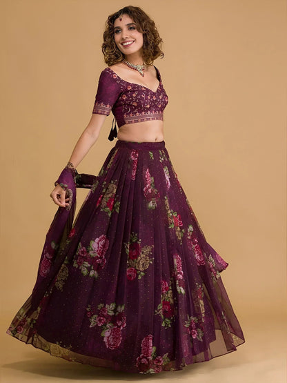 Tulsi Art Stunning Wine Floral Digital Organza Festival Wear Lehenga Choli