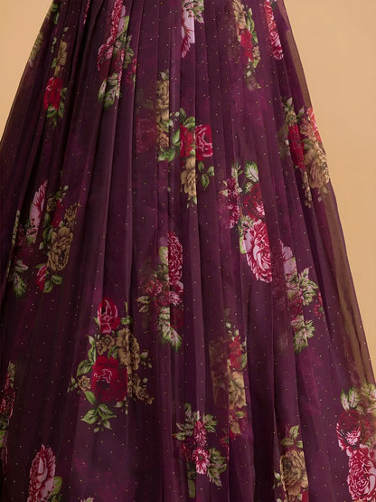 Tulsi Art Stunning Wine Floral Digital Organza Festival Wear Lehenga Choli