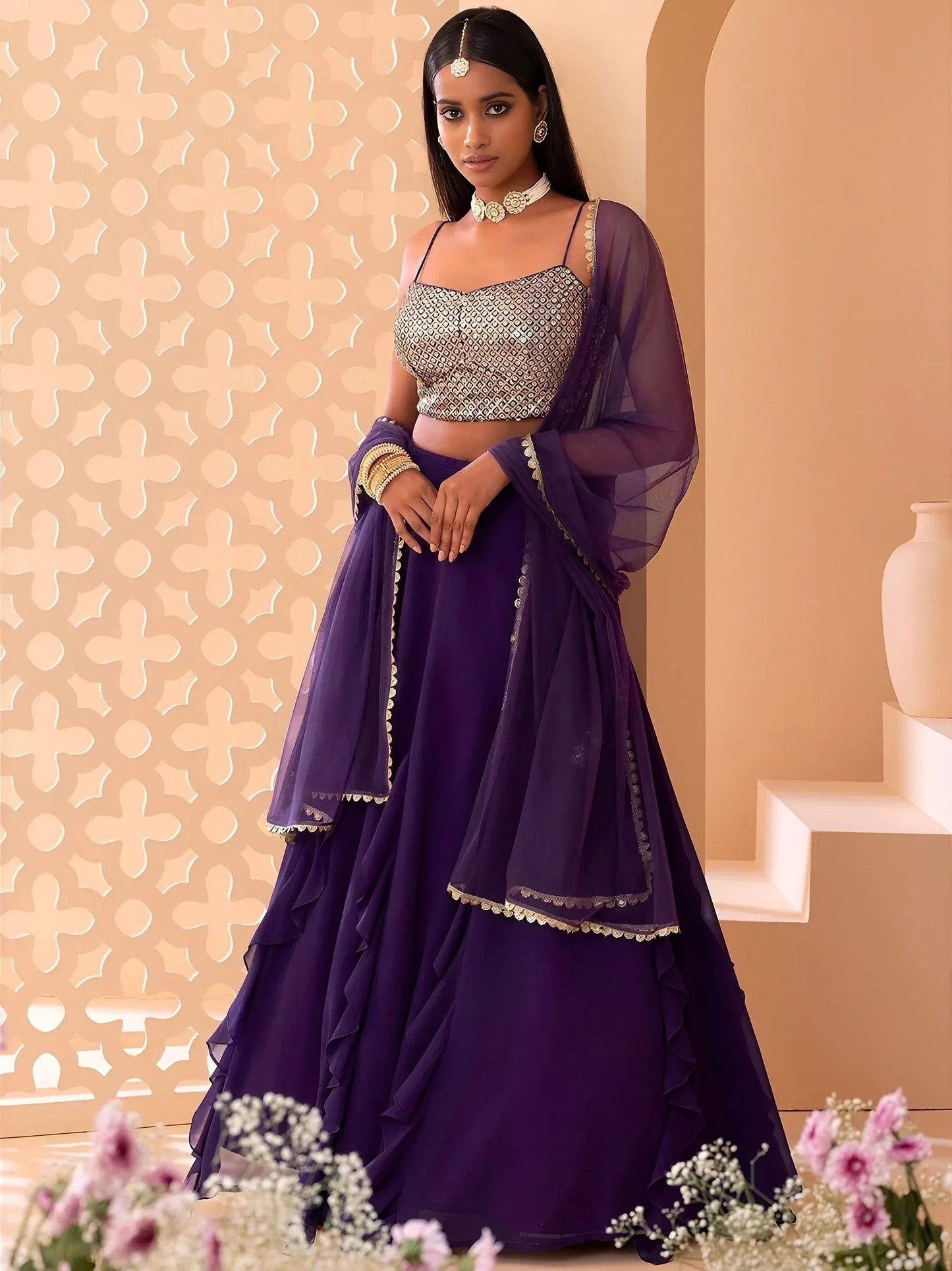 Tulsi Art Charming Purple Georgette Party Wear Lehenga With Sequins Choli