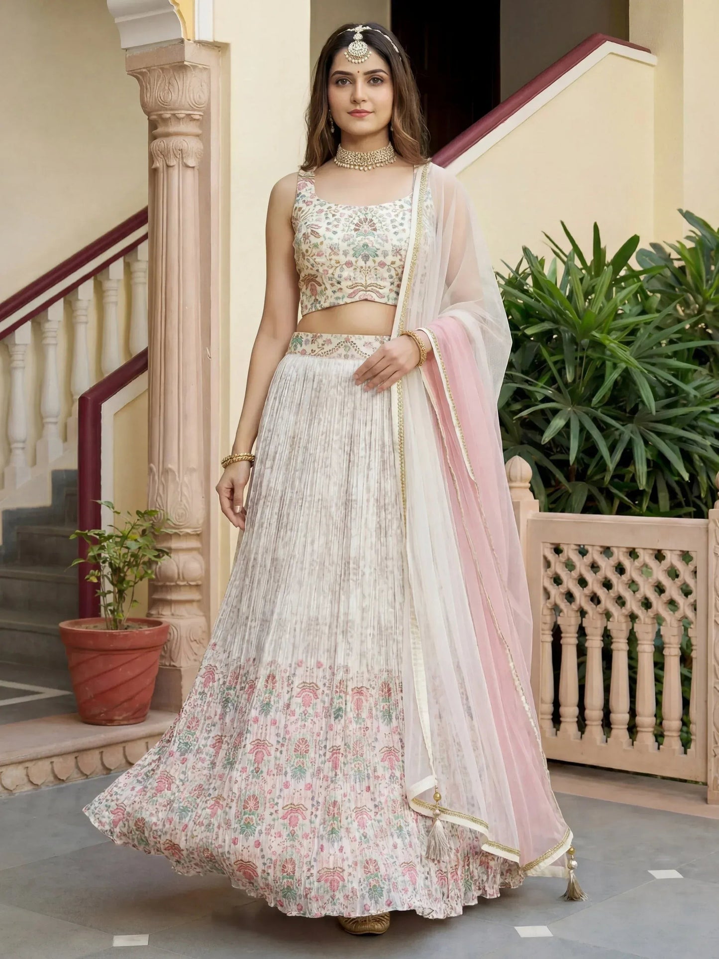 Tulsi Art Pretty Off-White Digital Printed Georgette Festive Wear Lehenga Choli