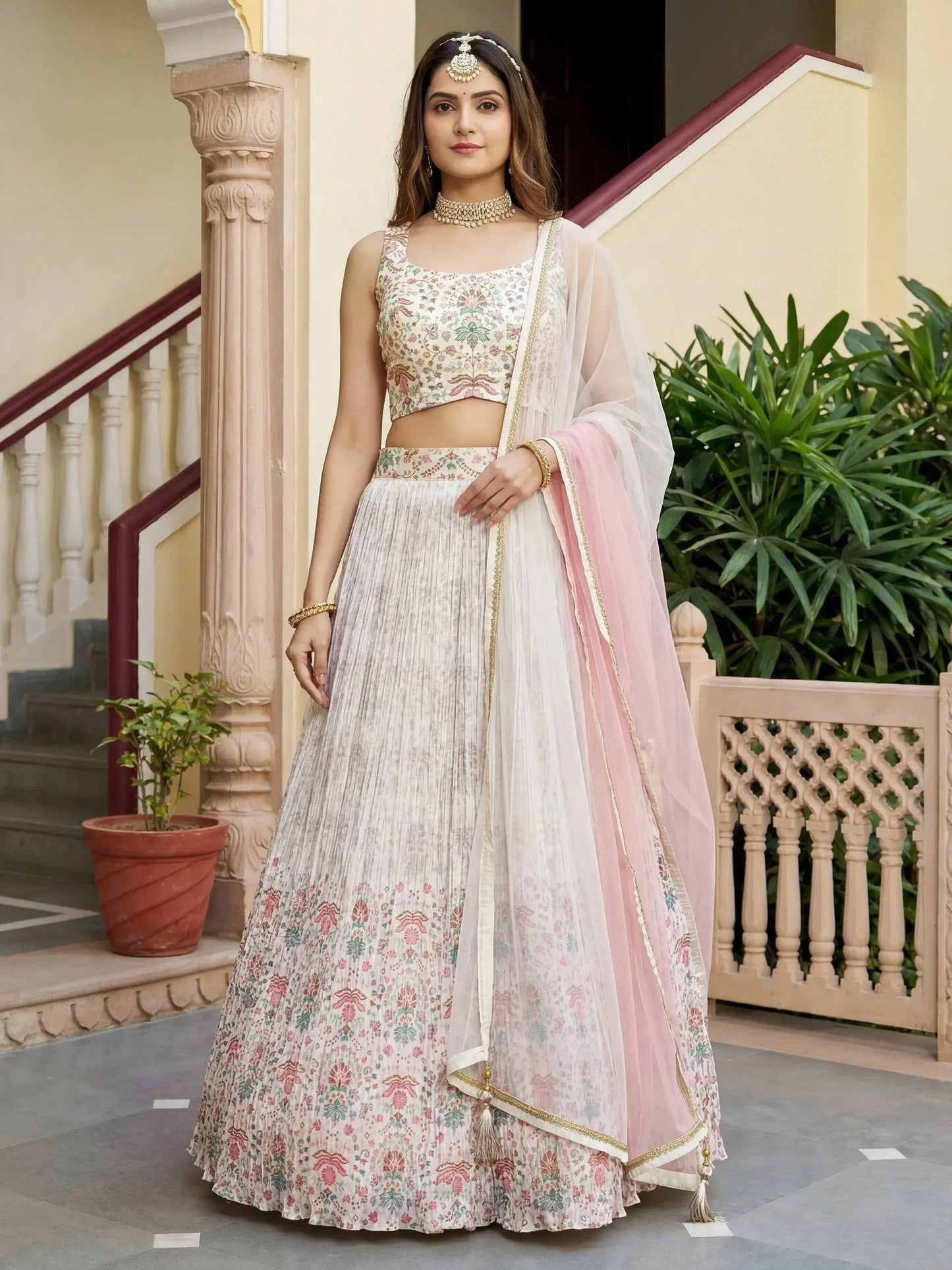Tulsi Art Pretty Off-White Digital Printed Georgette Festive Wear Lehenga Choli