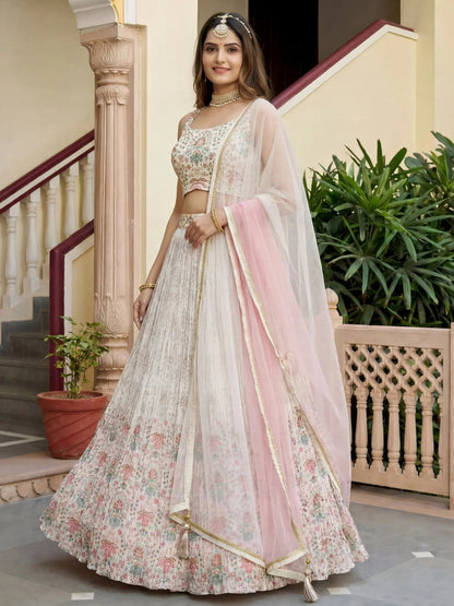 Tulsi Art Pretty Off-White Digital Printed Georgette Festive Wear Lehenga Choli