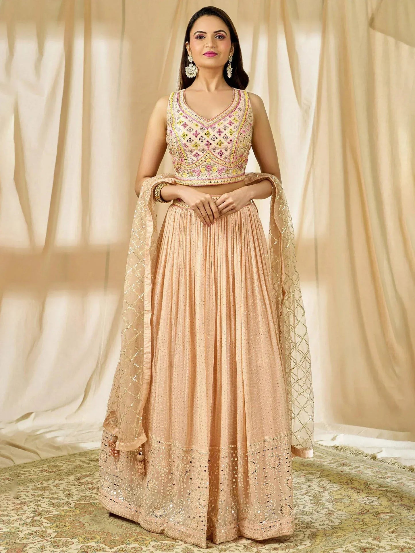 Tulsi Art Beautiful Peach Thread Embroidered Georgette Wedding Lehenga Choli