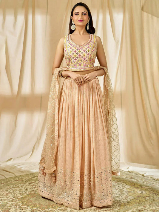 Tulsi Art Beautiful Peach Thread Embroidered Georgette Wedding Lehenga Choli