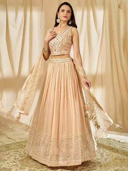 Tulsi Art Beautiful Peach Thread Embroidered Georgette Wedding Lehenga Choli