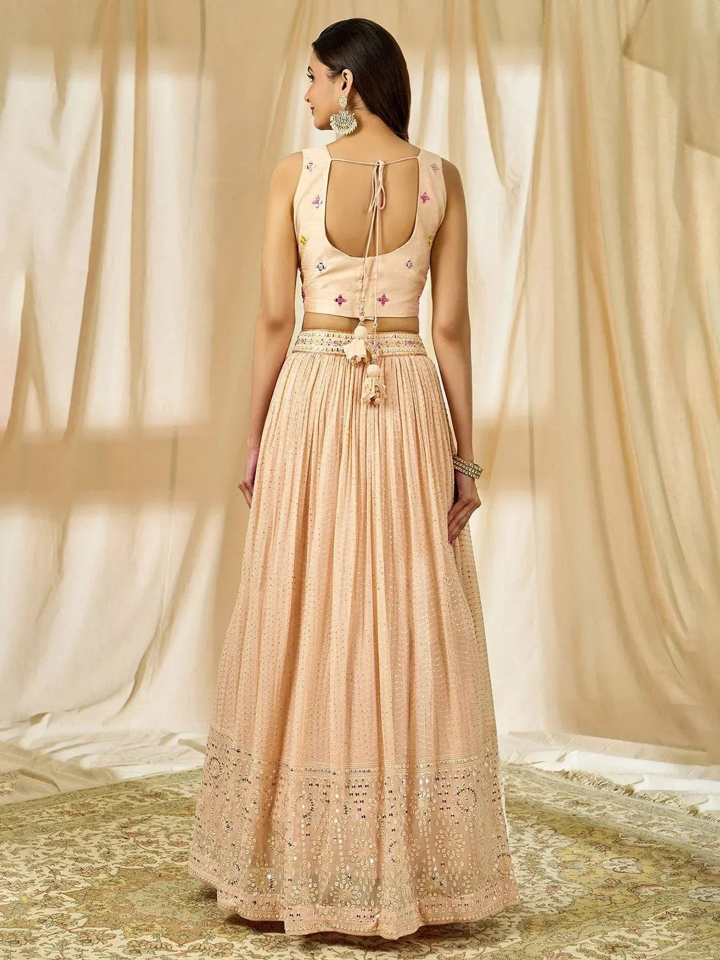 Tulsi Art Beautiful Peach Thread Embroidered Georgette Wedding Lehenga Choli