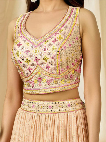 Tulsi Art Beautiful Peach Thread Embroidered Georgette Wedding Lehenga Choli