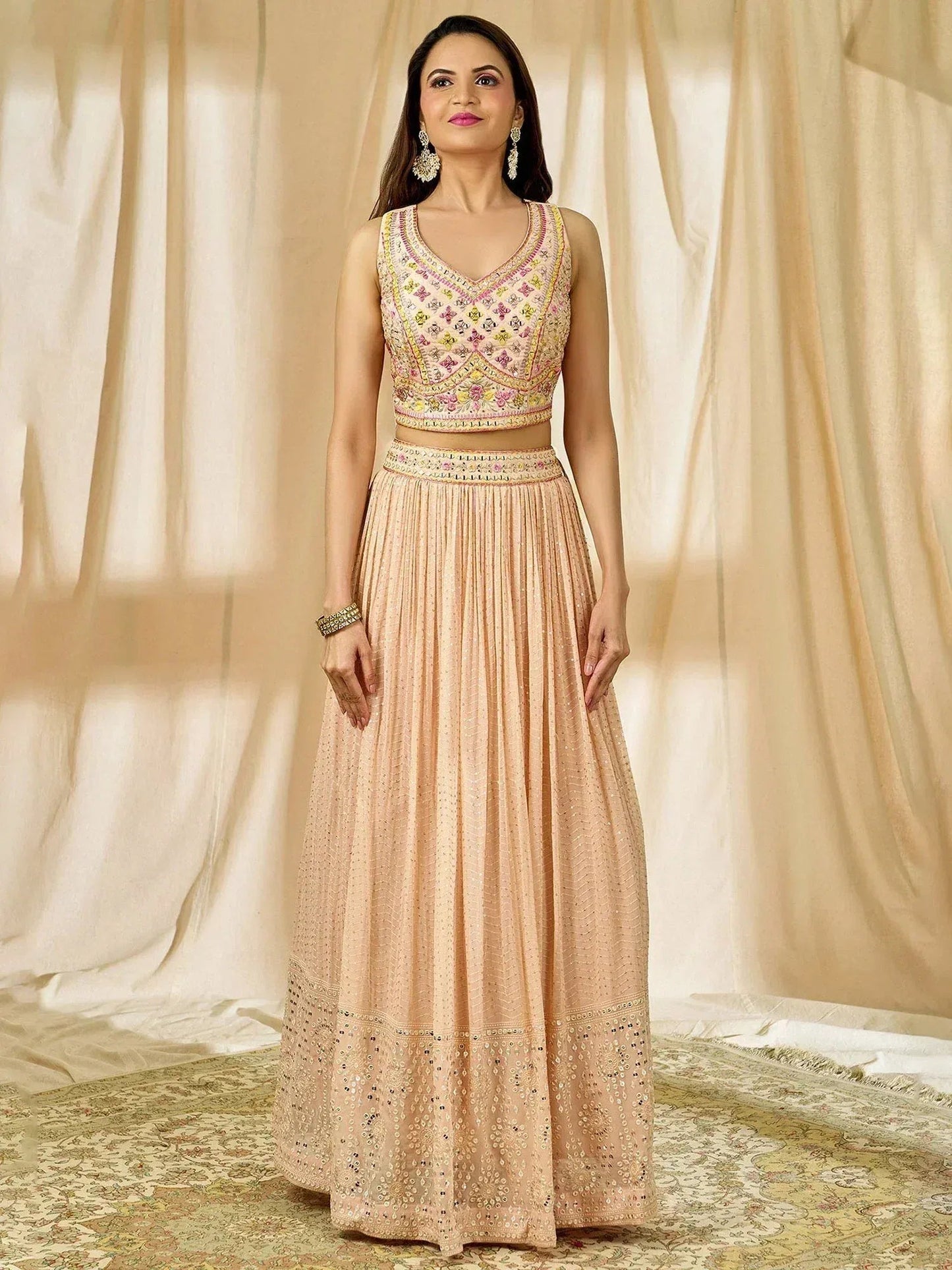 Tulsi Art Beautiful Peach Thread Embroidered Georgette Wedding Lehenga Choli
