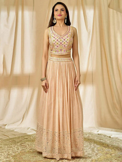 Tulsi Art Beautiful Peach Thread Embroidered Georgette Wedding Lehenga Choli