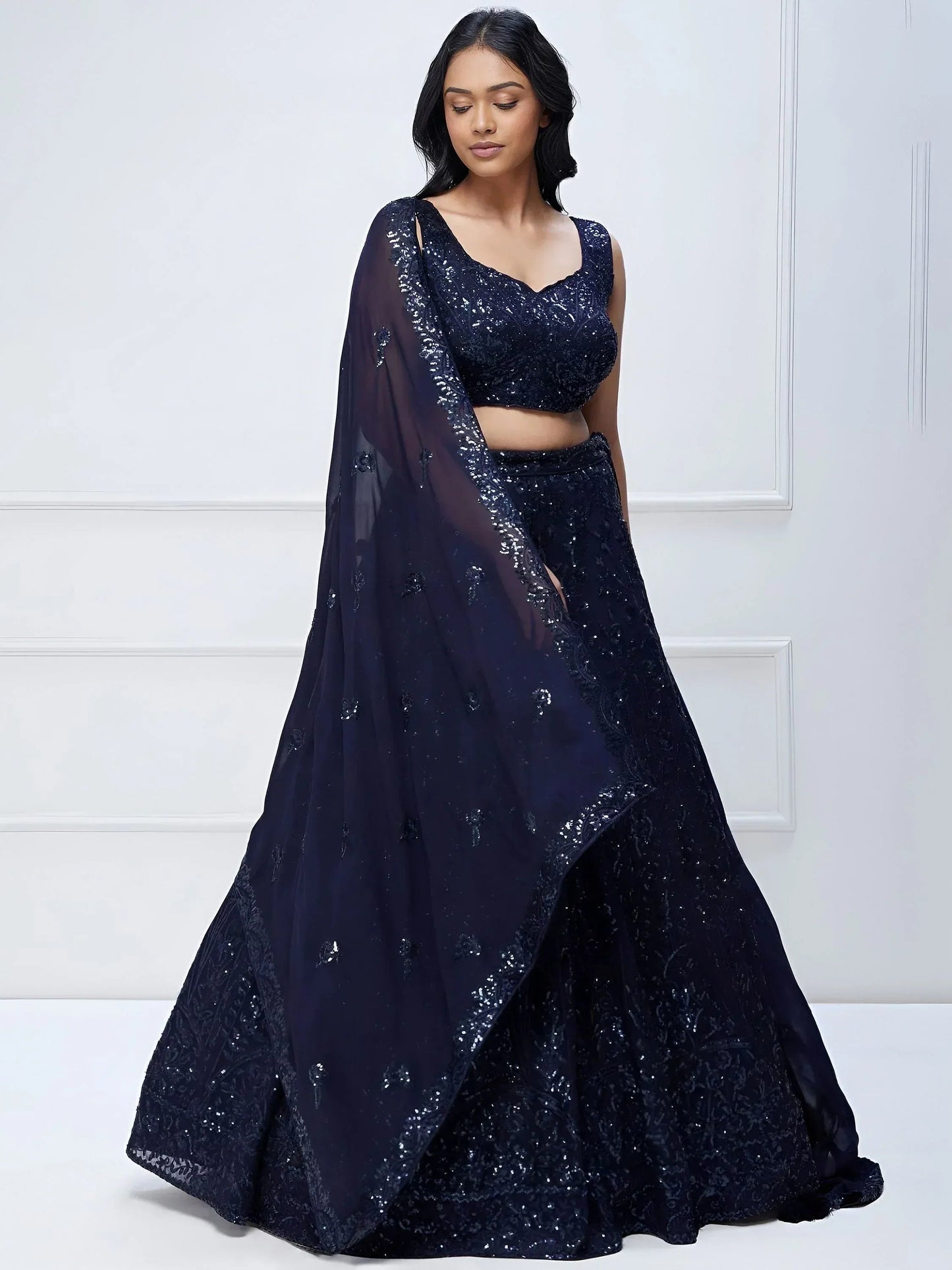 Tulsi Art Amazing Navy Blue Sequins Georgette Reception Wear Lehenga Choli