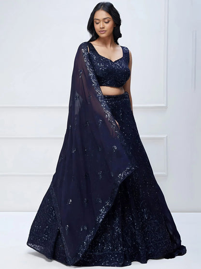 Tulsi Art Amazing Navy Blue Sequins Georgette Reception Wear Lehenga Choli