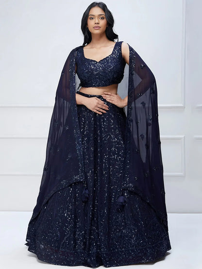 Tulsi Art Amazing Navy Blue Sequins Georgette Reception Wear Lehenga Choli