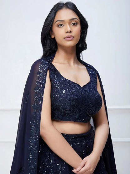 Tulsi Art Amazing Navy Blue Sequins Georgette Reception Wear Lehenga Choli