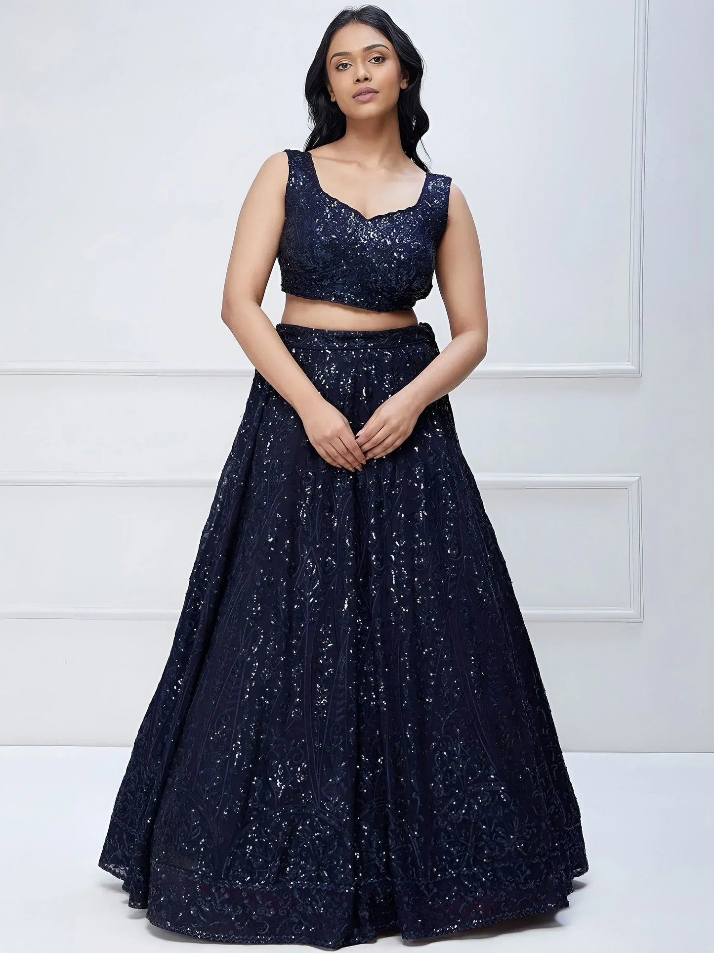 Tulsi Art Amazing Navy Blue Sequins Georgette Reception Wear Lehenga Choli