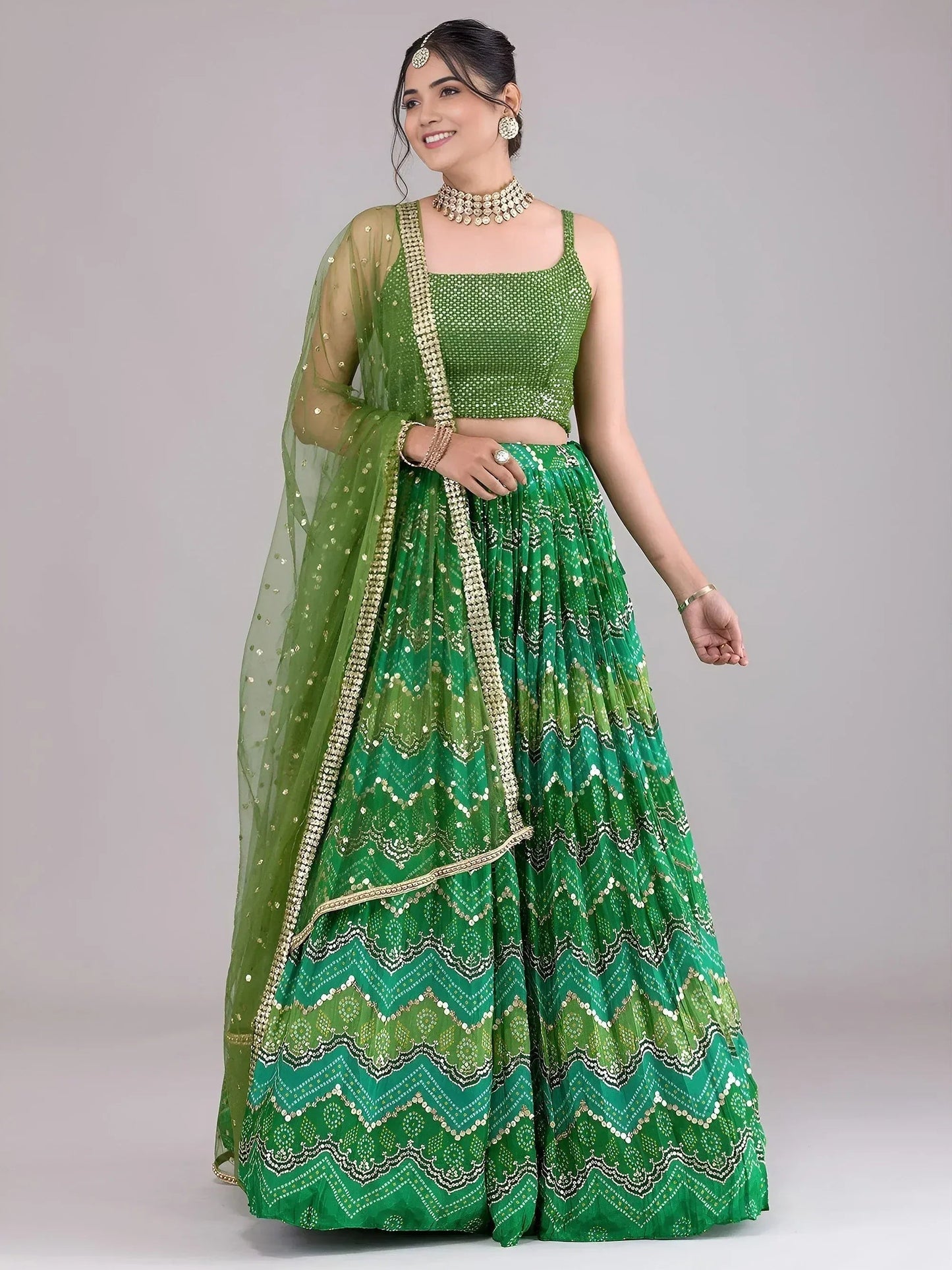 Tulsi Art Awesome Green Digital Printed Georgette Festive Wear Lehenga Choli