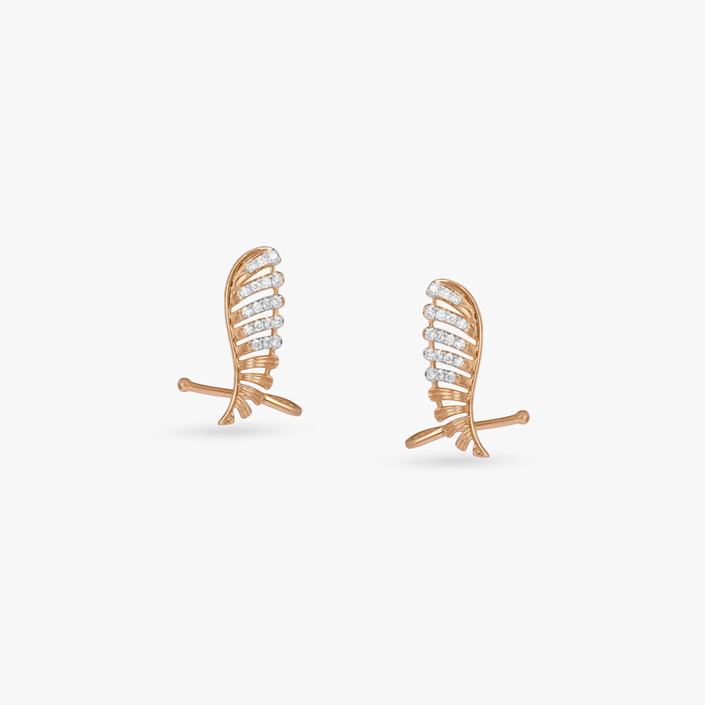 Ribbed Wing Diamond Stud Earrings in 18K Yellow Gold, 0.168 ct