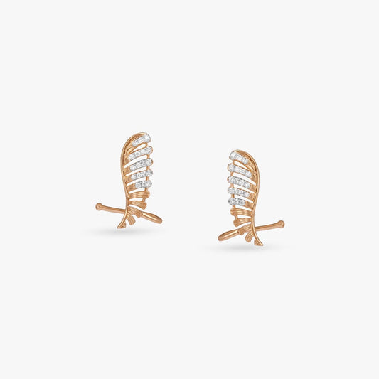 Ribbed Wing Diamond Stud Earrings in 18K Yellow Gold, 0.168 ct