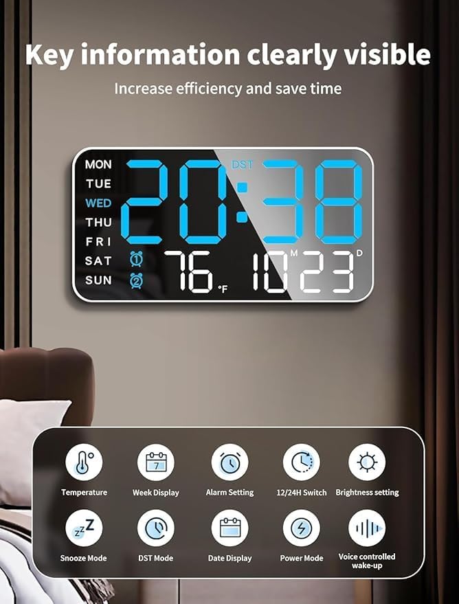 9-Inch LED Digital Wall Clock with Dual Alarms, Voice Control, and Temperature Display