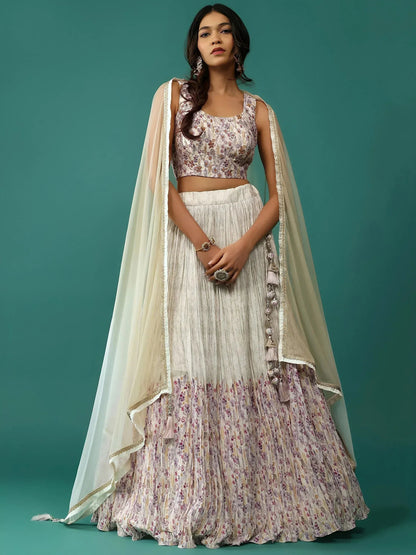 Tulsi Art Stunning Off-White Floral Printed Georgette Traditional Lehenga Choli
