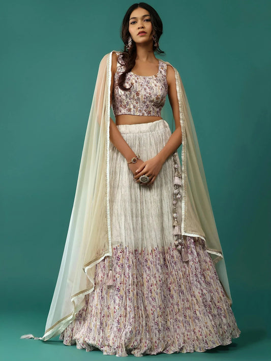 Tulsi Art Stunning Off-White Floral Printed Georgette Traditional Lehenga Choli